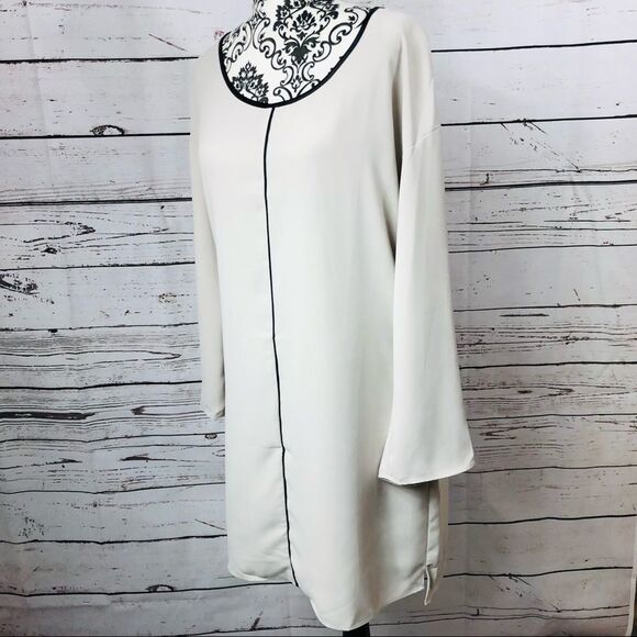 Marie Oliver Margaret Shift Dress Faux Leather Trim Long Sleeves Cement S - Picture 6 of 10